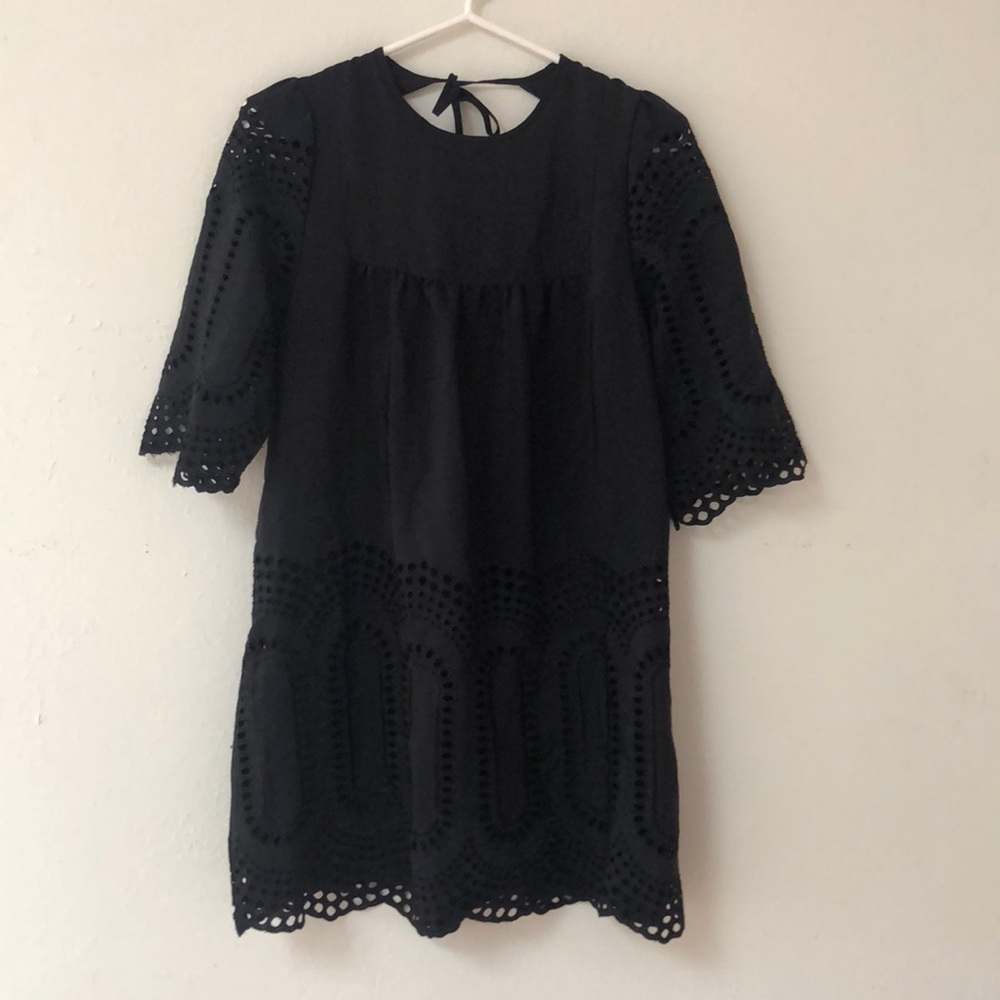Black Eyelet Mini Dress w cutout back & tie detail